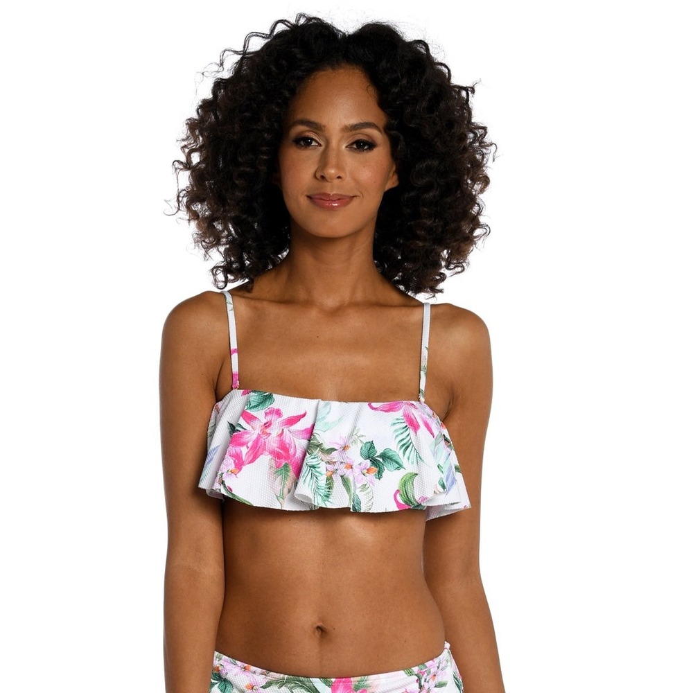 La Blanca Tropical Floral Ruffle Bandeau Bikini Top White Pink Green‎ Size 6